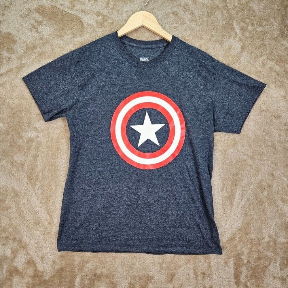 Marvel Captain America Shield Logo Graphic T-Shirt Superhero Unisex Size L Blue